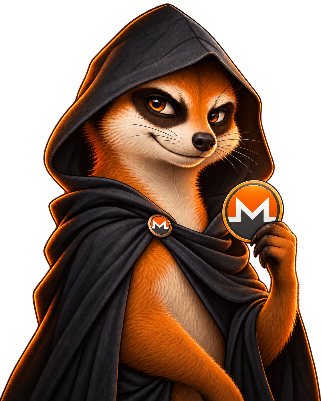 Hooded orange meerkat mascot holding a Monero emblem